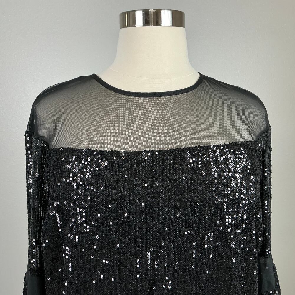 R&M Richards Black Cocktail Dress Sequined Long Sleeve Midi Shift Size 16W - Picture 8 of 13